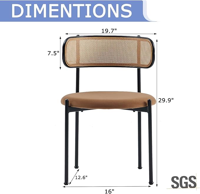 Rattan Dining Chairs Set of 4, Mid Century Modern Dining Chairs with Cane Back and Boucle Upholstered Seat, Farmhouse Kitchen Chairs for Dining Room and Living Room, Brown