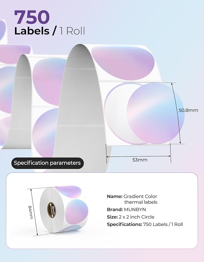 MUNBYN 2 Inch Round Thermal Labels, Direct Thermal Printer Labels for Small Businesses, DIY Logo Design, 750 Sheets/1 Roll
