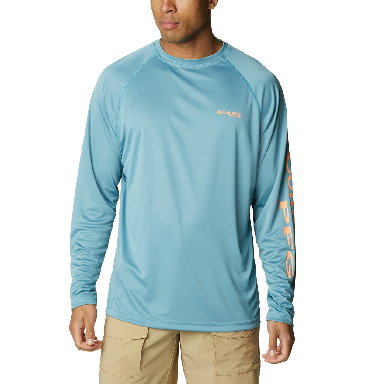 Columbia Men's Terminal Tackle Long Sleeve Shirt, Storm/Bright Nectar Logo, Small