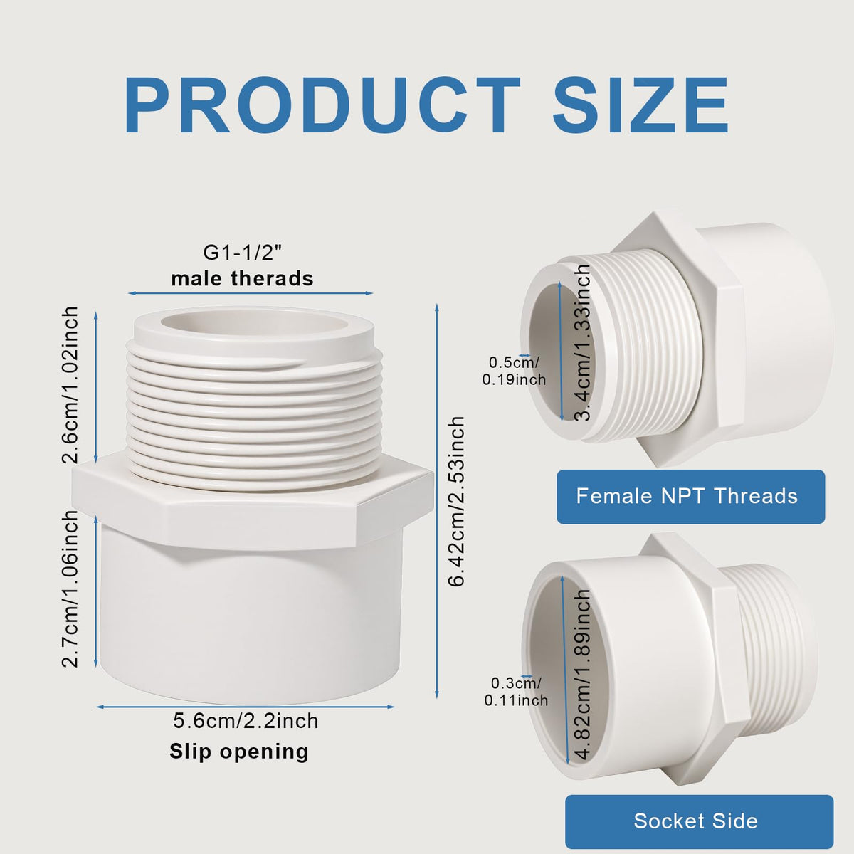 1.5 Inch Male Thread PVC Fittings White 2-Way PVC Pipe Coupling Adapter Connectors Coupling for 1-1/2 Inch Schedule 40 Pipe（2 Pack）