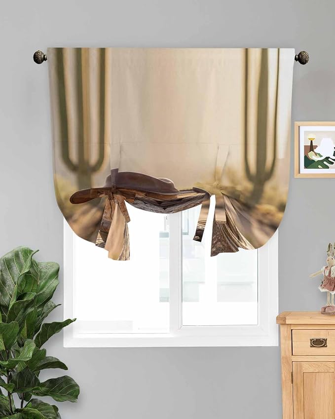 Tie Up Curtains for Windows, Cowboy Western Adjustable Balloon Nature Linen