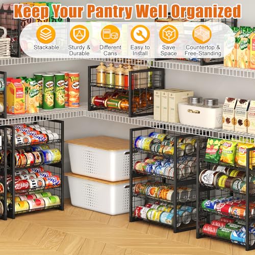 X-cosrack 2 Packs Stackable Can Rack Organizer for Pantry, 2-Tier Sturdy Adjustable Pantry Can Storage Organizer for Canned Food Can Goods, Kitchen Can Dispenser Holder for Soda Drinks Snack, Black - size: 2 Packs 4 Tier