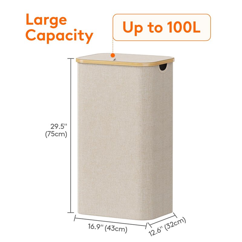 Lifewit 100L Laundry Basket with Lid, Clothes Hampers for Laundry with Bamboo Handles and 1 Removable Bag, Large Foldable Laundry Hamper for Bedroom, Bathroom, Dorm, Laundry Room, Beige