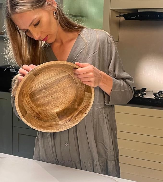 12" Handmade Wooden Salad Bowl – Durable Natural Wood Round Bowl for Salad, Fruit & Dining – Stylish Kitchen & Table Accessory