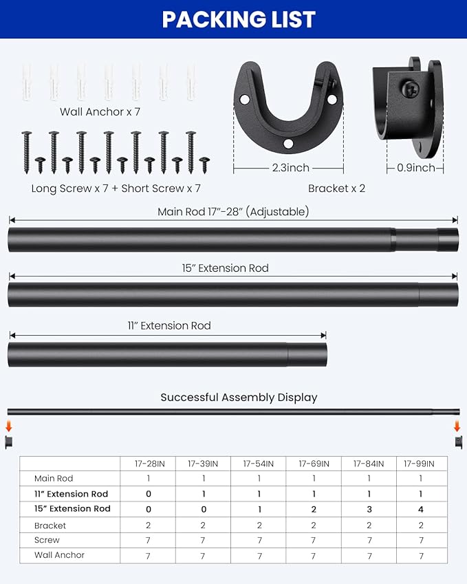 Supforce 2 PACK Closet Rods for Hanging Clothes, 17 to 28 Inches Stepless Adjustable Metal Closet Rod, 1.3 Inches Heavy Duty Clothes Hanging Rod for Closet Wardrobes Laundry RV, Black