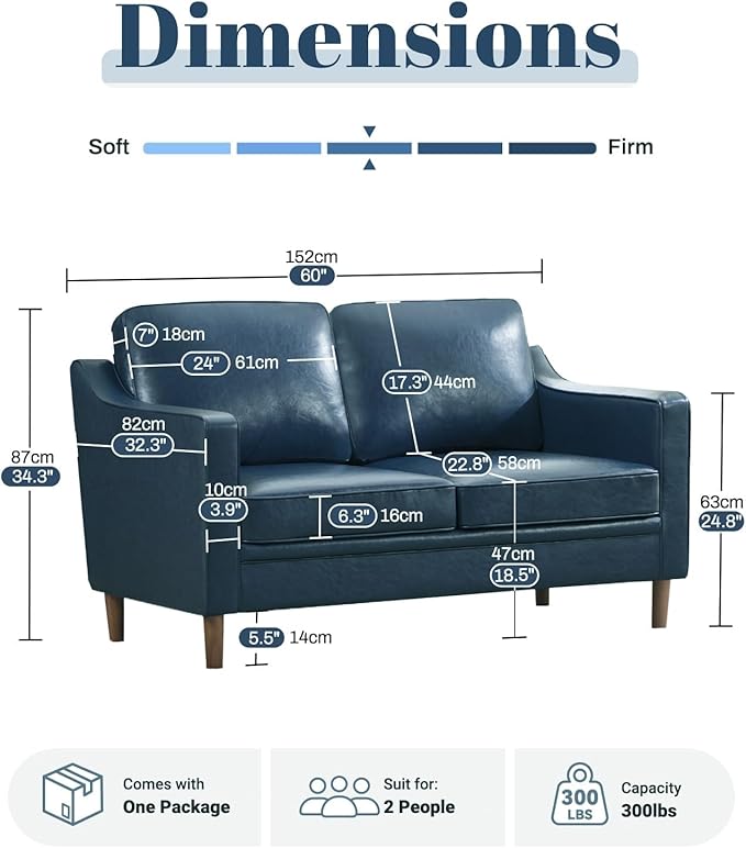 Kingfun 56" Faux Leather Sofa, Loveseat Couch, Mid Century Modern Love Seat Couches with Solid Wood Frame for Living Room & Bedroom, Royal Blue