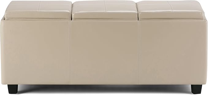 SIMPLIHOME Avalon Storage Ottoman - 42 inch Wide Upholstered Vegan Leather Rectangular Flip-Top Ottoman in Satin Cream, Contemporary Coffee Table Ottoman for Living Room with Hidden Storage