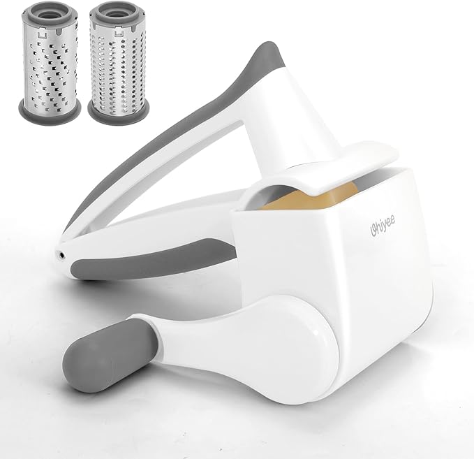 UHIYEE Patented Handheld Parmesan Cheese Grater with 2 Rotary Drums, White