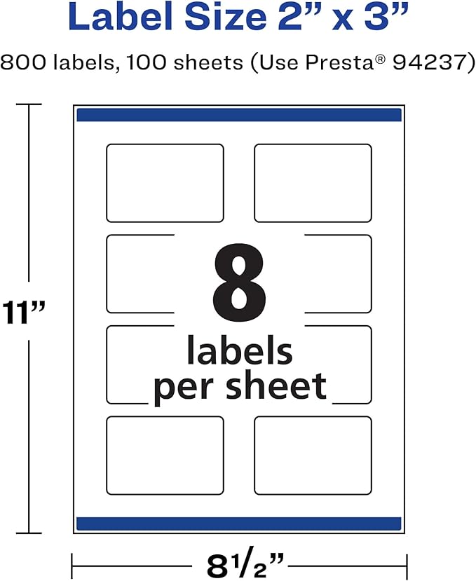Avery Matte White Rectangle Labels, Sure Feed Technology, 2" x 3", 800 Matte White Printable Labels