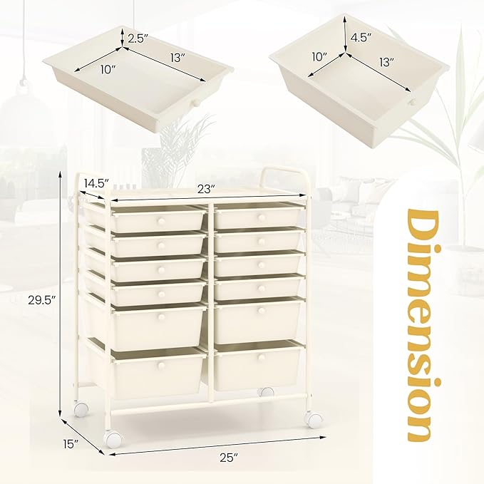 COSTWAY 12-Drawer Rolling Storage Cart, Moveable Art Craft Organizer W/Lockable Wheels, Metal Shelf, Files Arrangement Tools Makeup Storage Cart for Office, Home, School, White