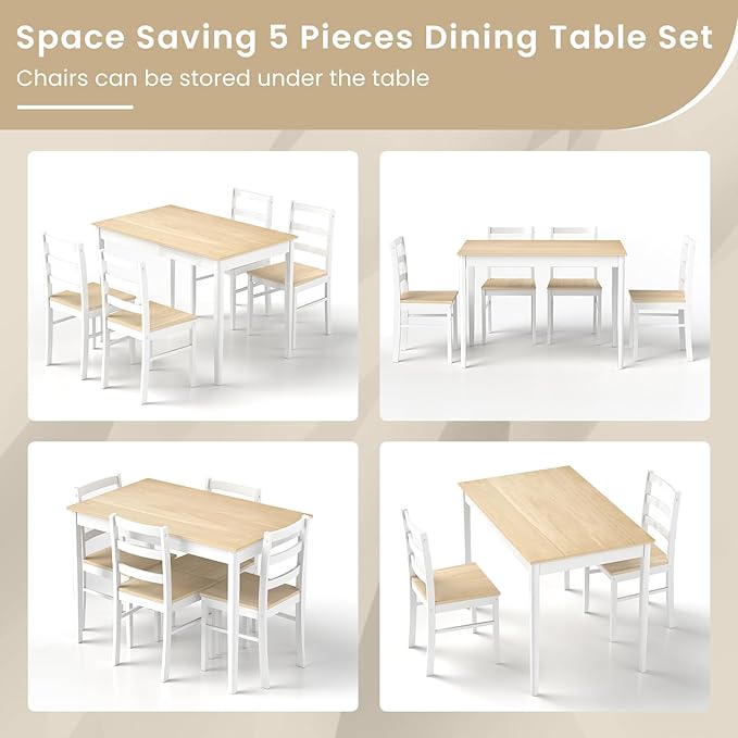 POWERSTONE Dining Table Set for 4, Kitchen Table Chairs Set of 4 with Rubber Wood Legs, Farmhouse 5 Piece Dining Table Set Solid Wood for Kitchen Dining Room Dinner (Natural)