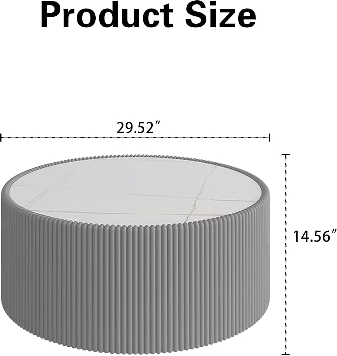Grey Round Coffee Table with Sintered Stone Tabletop, 29.52" Drum Coffee Table with Fluted PU Leather Covered and Stable Base, Circle Cocktail Tea Table for Living Room