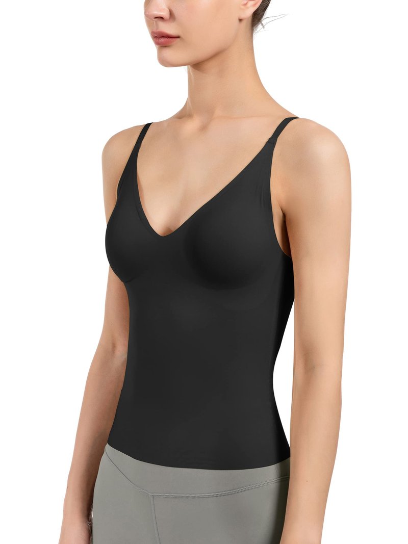 Women's Fit Camisole with Built in Bra - Spaghetti Straps Camis Tank with Chest pad One-Piece Cut Seamless (M, A-Style-Black)