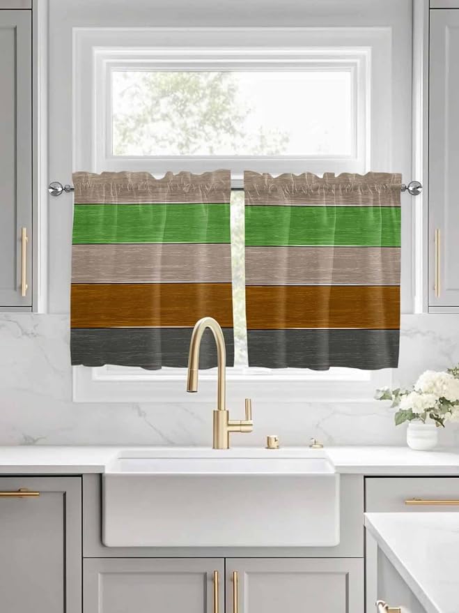 Farm Gray Green Brown Wood Grain Window Valance Curtains, Rustic Wooden Plank