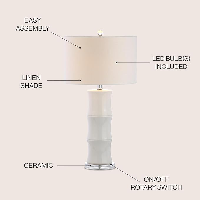 JONATHAN Y 26.5" White Ceramic Table Lamp for Living Room, Bedroom Nightstand, White Linen Drum Shade, Bamboo Design Modern Bedside Desk Lamp with LED Bulb Included (JYL3015C)