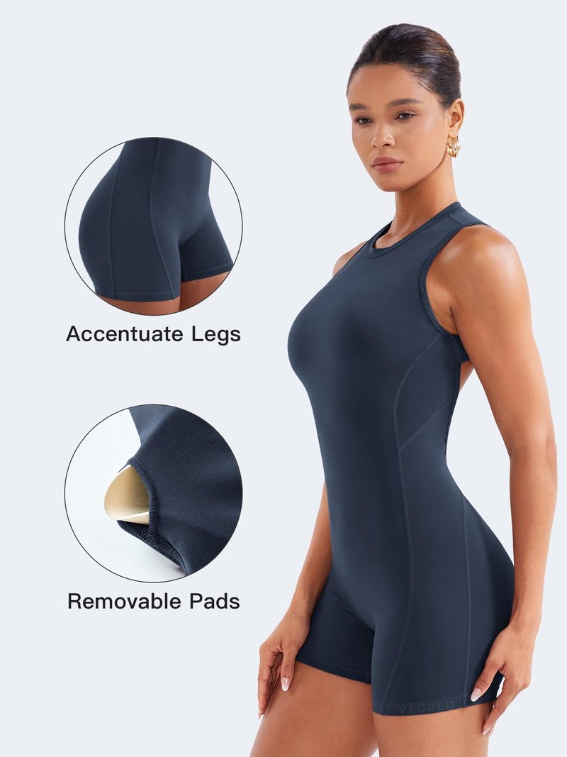YEOREO Backless Workout Jumpsuits Women One Piece Sleeveless Jumpsuit with Pads Tessia Scrunch Butt Yoga Romper Navy M