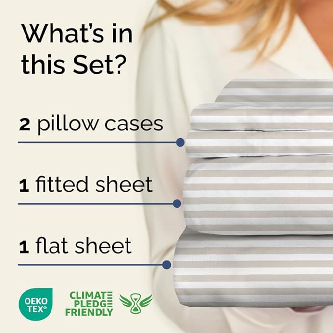 Light Grey and White Striped Sheets - 1 Flat & 1 Fitted Sheet & 2 Pillowcases w/ Deep Pockets - Wrinkle & Fade Resistant, Ultra-Soft, Breathable & Cooling - Luxury Pinstripe Bedding - King Size