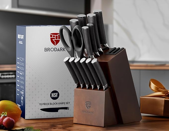BRODARK 15PCS Kitchen Knife Set with Block and Dual Sharpener,Wooden Handle