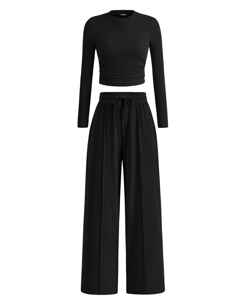 BTFBM Casual 2 Piece Sets For Women Fall Outfits 2026 Ribbed Spring Long Sleeve Crop Top Wide Leg Pants Matching Lounge Set(Black, Medium)