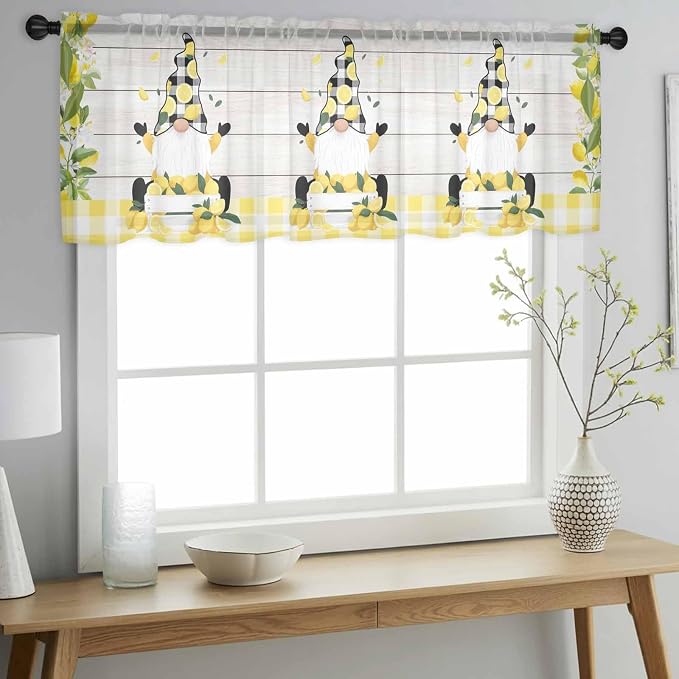 Lemon Dwarfs Sheer Valance Curtains, Gnome Green Leaf Wood Striped Black Plaid