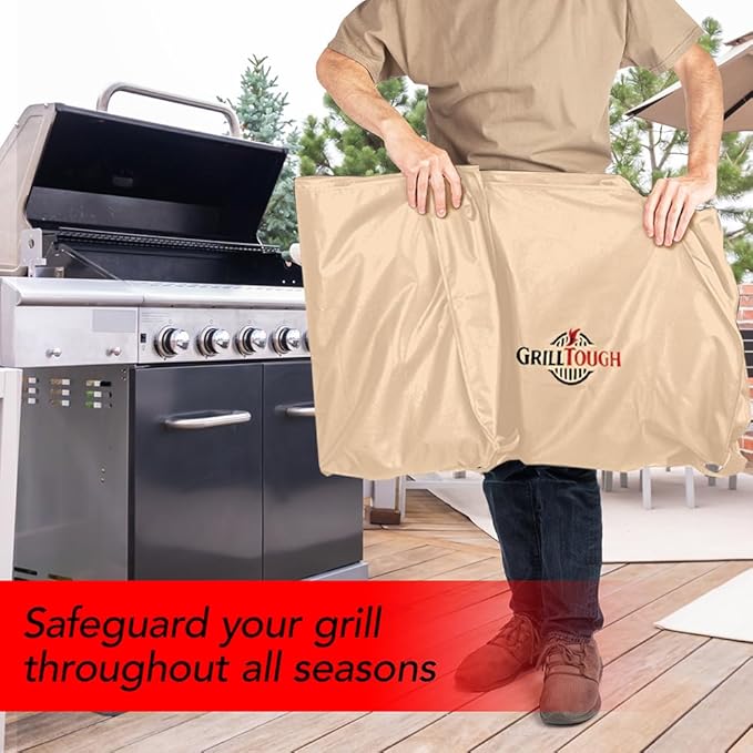 GrillTough Heavy Duty BBQ Grill Cover for Outdoor Grill, 30 Inch – Waterproof, Weather Resistant, UV & Fade Resistant with Adjustable Straps – Gas Grill Cover for Weber, Genesis, Charbroil, etc. Tan