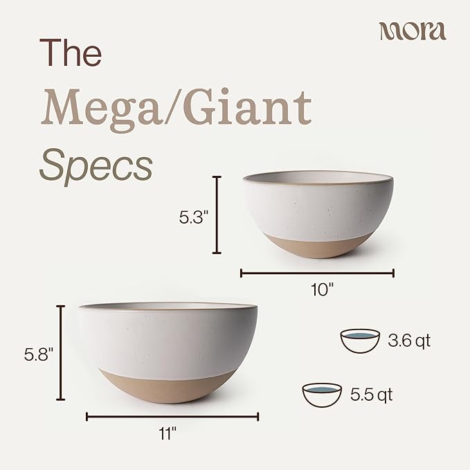 MORA Mega and Giant Bowls Set of 2, 5.5 and 3.5 Qt Ceramic Pottery Mixing Bowls - Microwave and Dishwasher Safe - Oat
