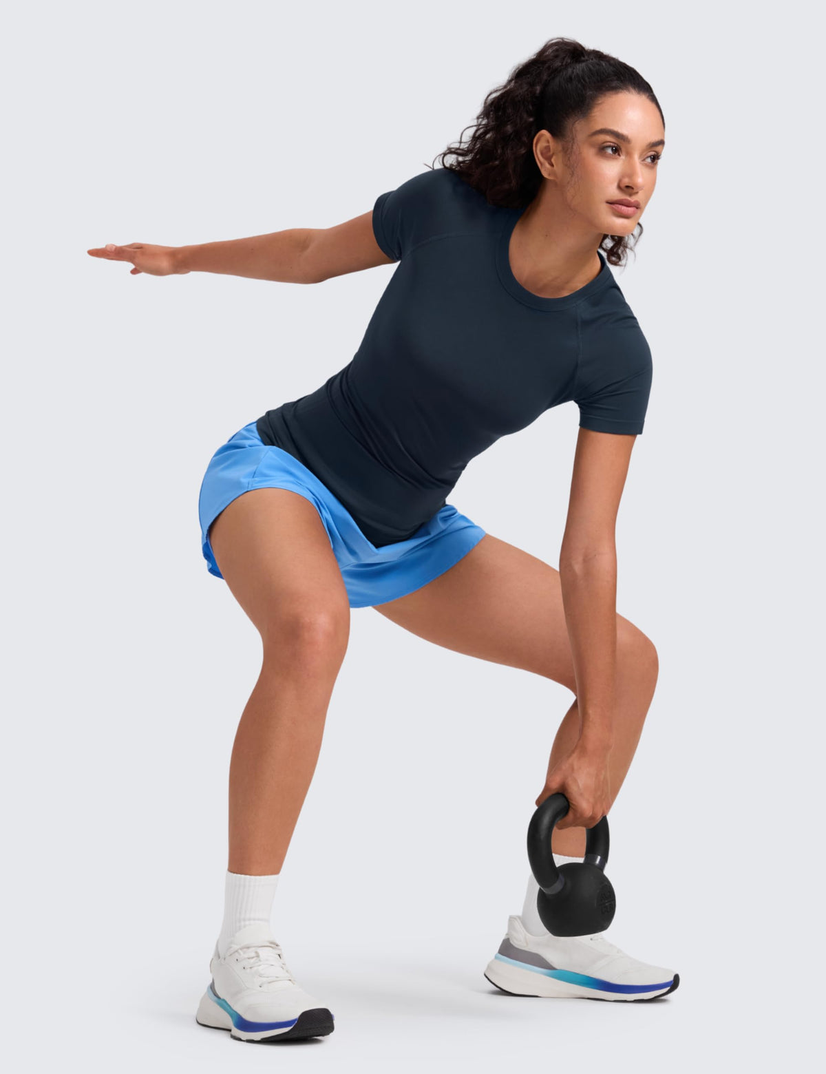 CRZ YOGA Seamless Workout Tops for Women Hip Length - Athletic Running Gym Yoga Short Sleeve Shirts Breathable Crewneck Tees Twilight Blue X-Large