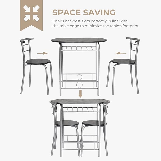 VINGLI 3 Piece Dining Set,Small Kitchen Table Set for 2,Breakfast Table Set,Kitchen Wooden Table and 2 Chairs for Small Space/Dining Room/Apartment,Metal Frame,Wine Rack,Sliver&Black