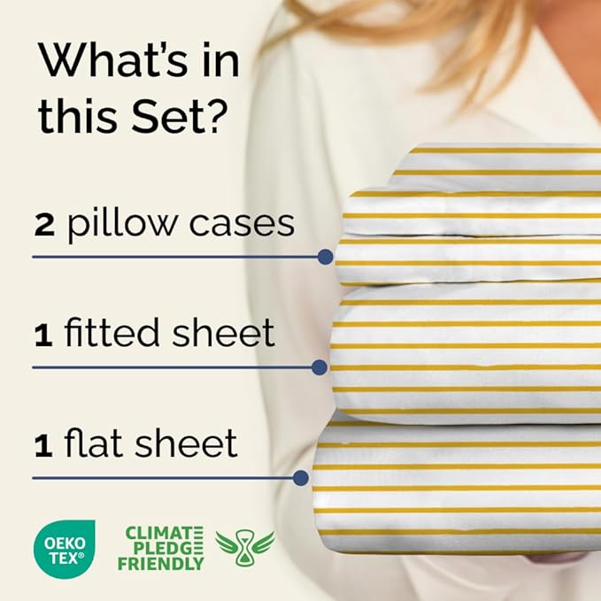 Yellow Striped Sheets - 1 Flat & 1 Fitted Sheet & 2 Pillowcases w/ Deep Pockets - Cozy, Wrinkle & Fade Resistant - Ultra-Soft, Comfy, Breathable & Cooling - Luxury Pinstripe Bedding - Queen Size