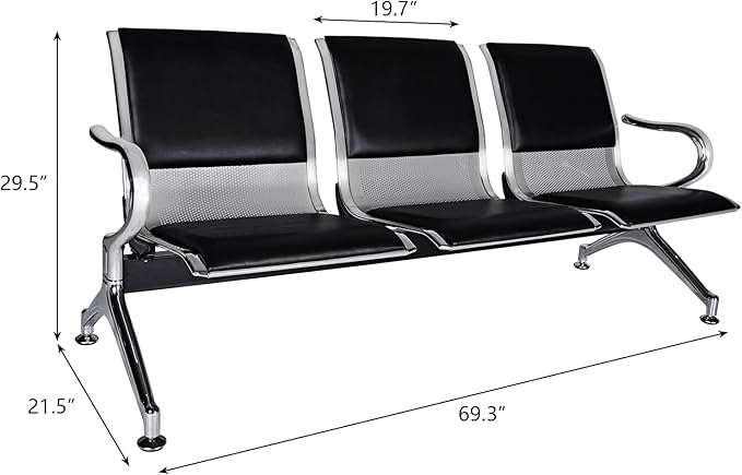 Kinfant 3-Seat Waiting Room Bench Set- PU Leather Office Chair Guest Reception Waiting Room Chair for Airport, Hospital, Bank, Salon, Barbershop, Black(Set of 4)