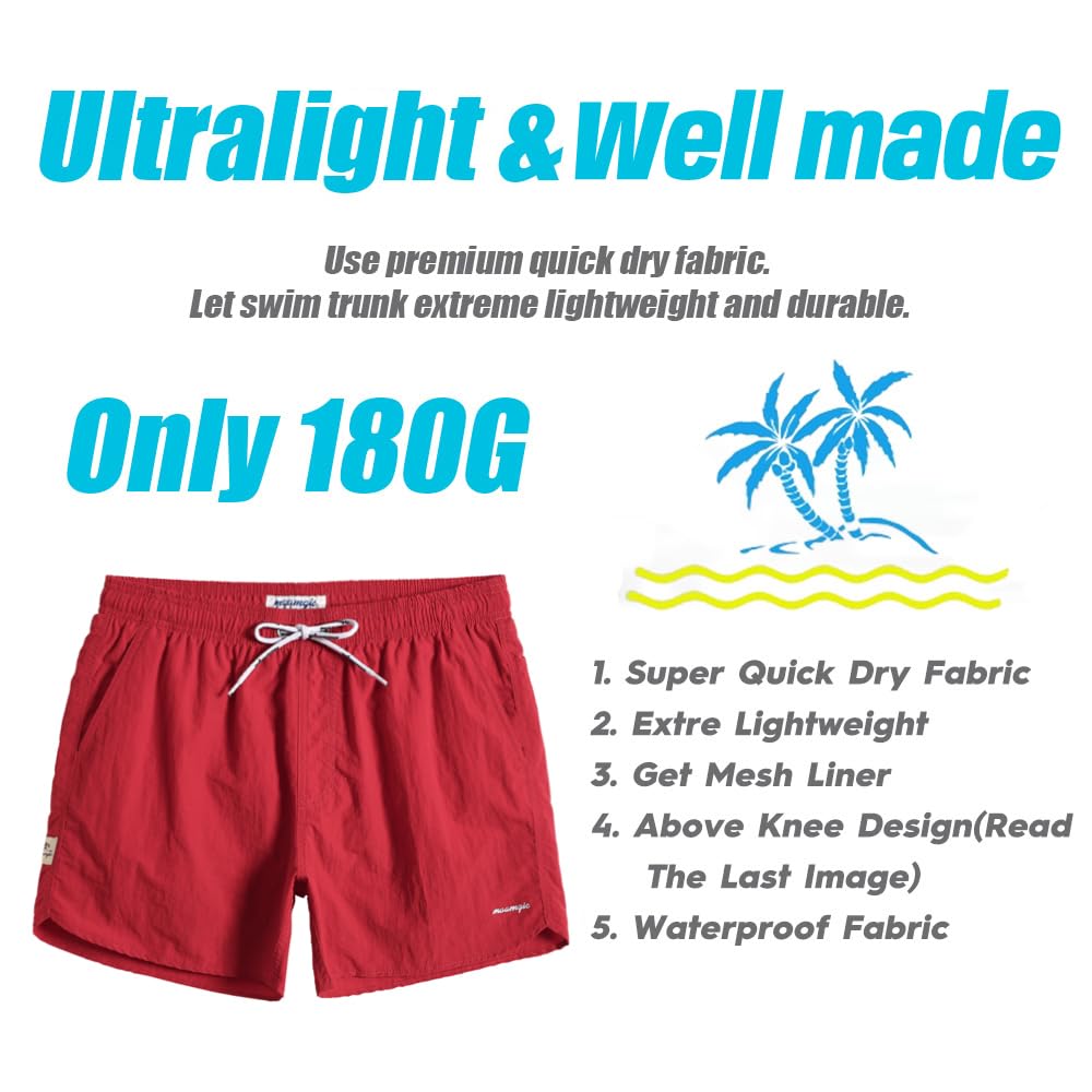 maamgic Mens Swim Trunks 5" with Mesh Lining Quick Dry Bathing Suits for Men Swim Shorts Swimwear Nylon Red Medium