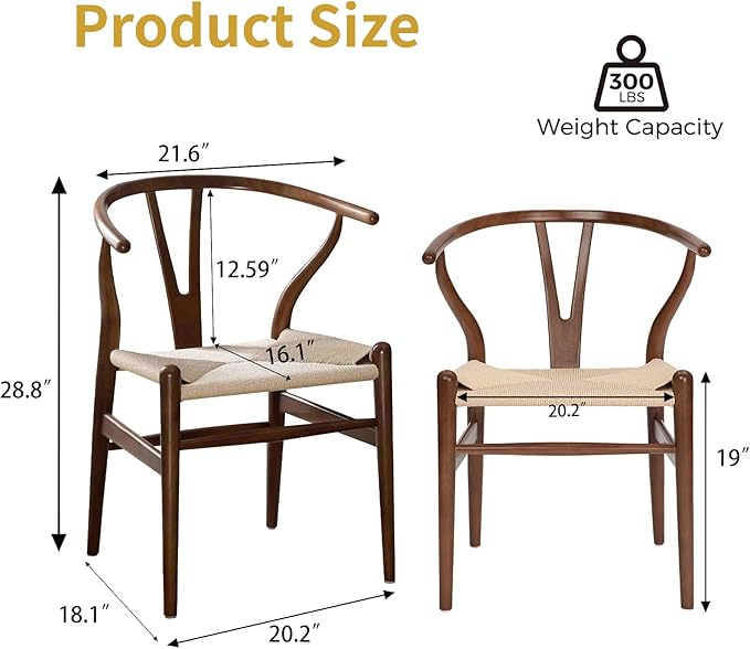 Wishbone Chair Natural Solid Wood Dining Chair/Hans Vegner Y Chair Rattan and Wood Accent Armrest Chairs Set of 4(Ash Wood - Walnut)