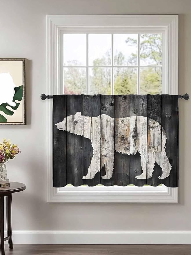 Sheer Curtains 45 Inch Length, Farmhouse Country Vintage Wood Grain Privacy