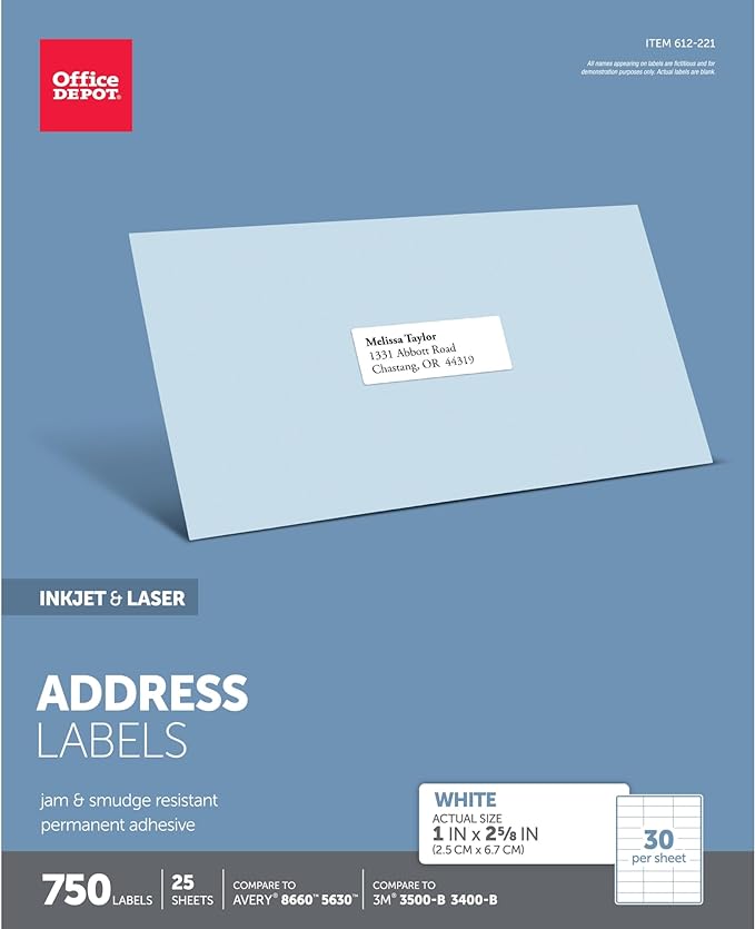 Office Depot White Inkjet/Laser Address Labels, 1in. x 2 5/8in., Pack Of 750, 505-O004-0003