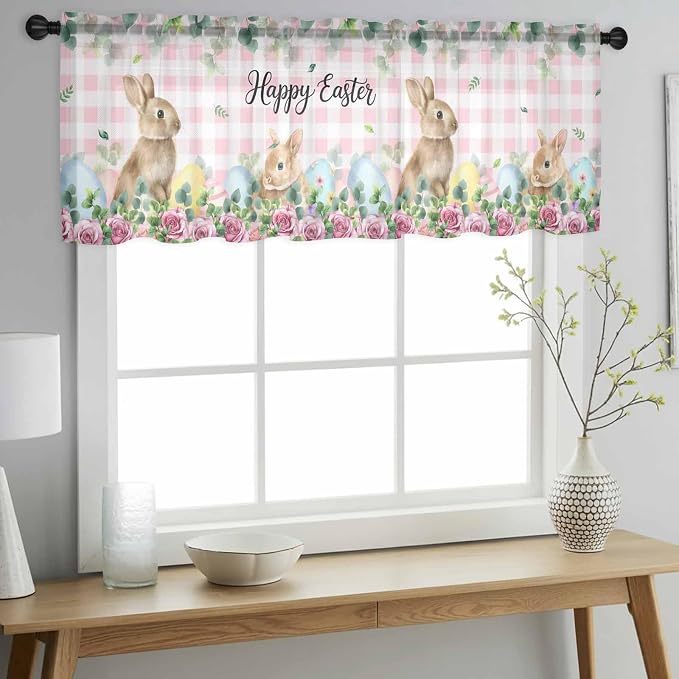 Easter Sheer Valances for Windows 42"x12", Light Filtering Kitchen Curtains