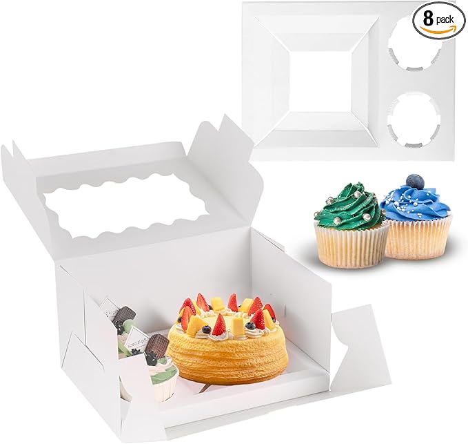 JCD 9 Holes Fit 8 Cupcakes and 1 Mini Cake Box Combo,8 sets of Cake Boxes, Pastry Sweets Bento Box, Cupcake Combo Box with Stickers(1+8/8pcs)