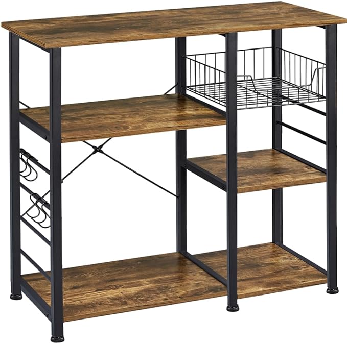Yaheetech 4-Tier Kitchen Baker's Rack, Coffee Bar Microwave Stand Cart with Wire Basket & 6 Side Hooks, Kitchen Organizer Shelf for Spices/Utensils Foods, Rustic Brown