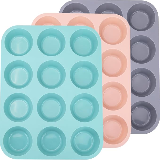 Baocuan 3 Pack 12 Cups Silicone Muffin Pan,Nonstick Regular Silicone Cupcake Pan, For Making Muffin Cakes, Tart and Bread