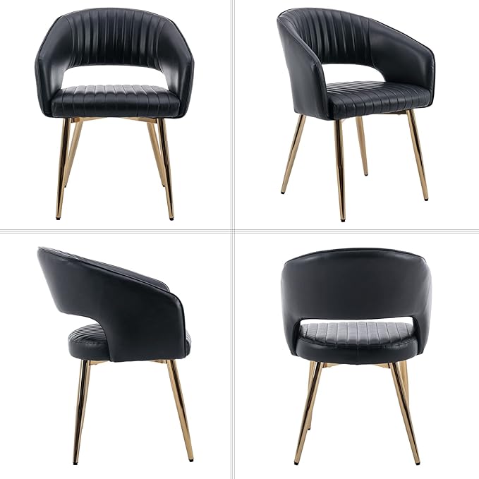 Modern Dining Chairs Set of 6, Upholstered PU Leather Gold Dining Room Chairs with Hollow Back, Accent Armrest Kitchen Chairs with Gold Legs for Living Room Black