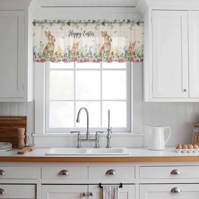 Easter Sheer Valances for Windows 54"x18", Light Filtering Kitchen Curtains