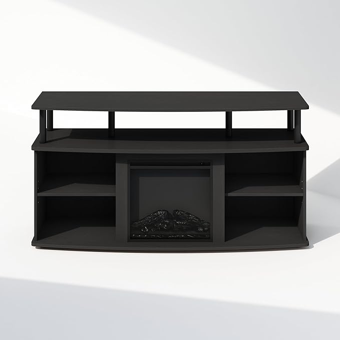 Furinno Jensen Fireplace TV Stand, NO Heat Decorative Electric Fireplace Corner TV Stand for TV up to 55 Inch, with Open Shelving Storage, for Living Room, Americano/Black