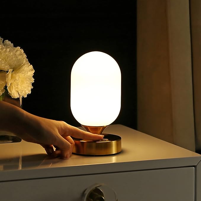 JONATHAN Y 8" Brass Gold/White Modern Rechargeable Integrated LED Table Lamp, Portable Cordless Accent Light with White Frosted Glass Shade, Dimmable Touch Sensor (JYL7111C)