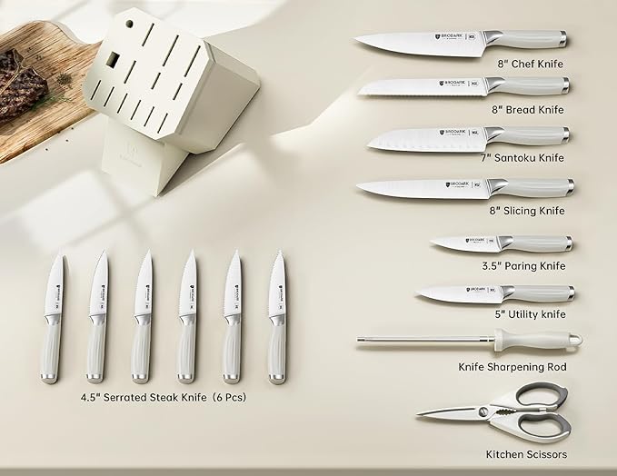 BRODARK Knife Set, 15PCS White Kitchen Knife Set with Block and Sharpener