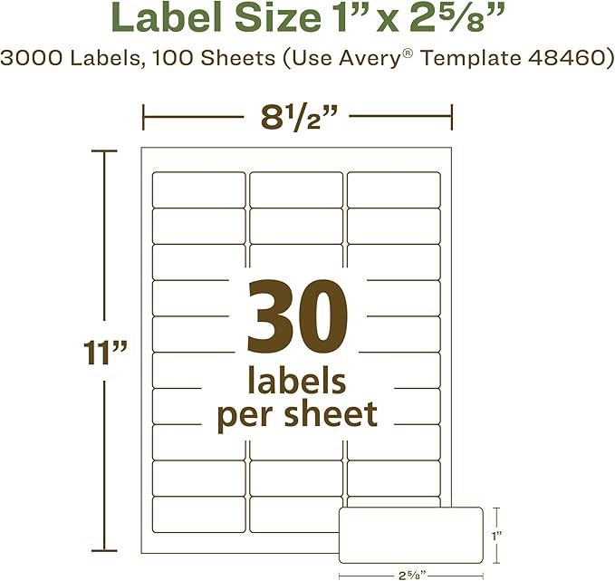 Avery EcoFriendly Recycled Address Labels, 1" x 2-5/8", White, Permanent Label Adhesive, 3,000 Printable Labels (48460)