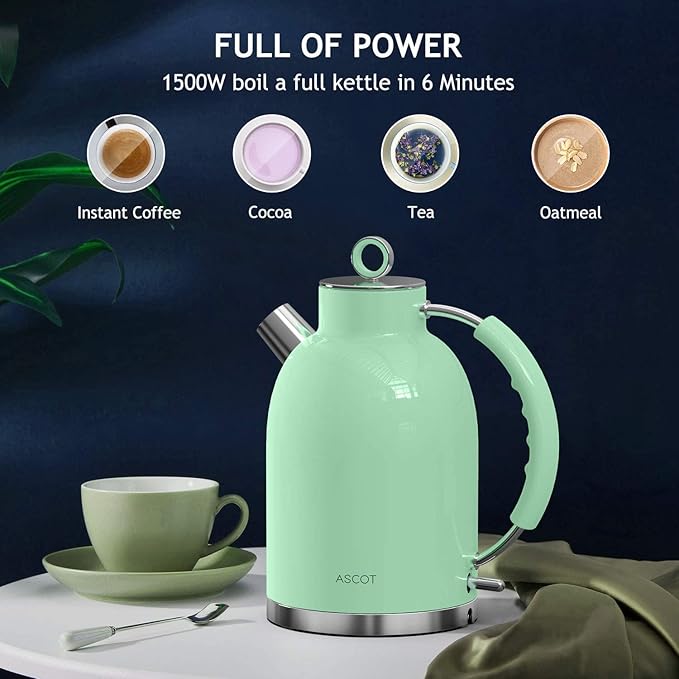 ASCOT Electric Kettle, Stainless Steel Electric Tea Kettle Gifts for Men/Women/Family 1.6L 1500W Retro Tea Heater & Hot Water Boiler, Auto Shut-Off and Boil-Dry Protection (Green)