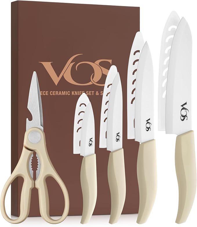 Vos ceramic knives set for kitchen in gift box, 5 ceramic knife with cover with scissors, 3" 4" 5" 6" ultra sharp knives for home cooks, lightweight, rust-free, dishwasher safe (Off-white handle)