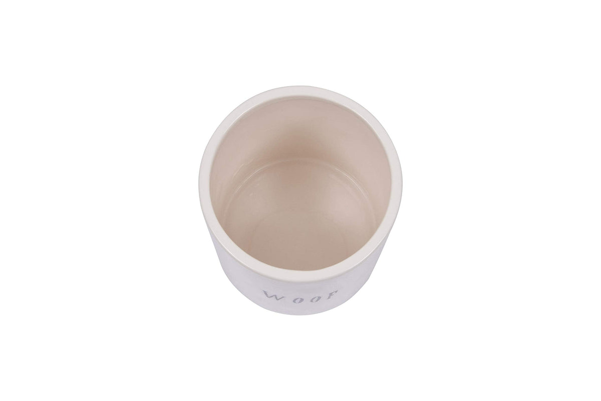 Creative Co-Op Ceramic Dog Treat Jar with Woof Message and Bone Handle Lid, White and Black