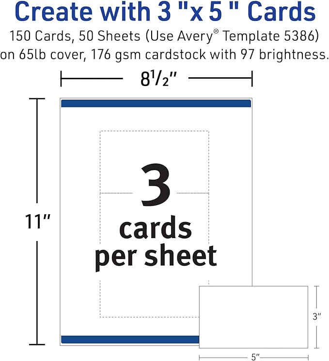 Avery Printable Index Cards, Sure Feed Technology, 3" x 5", Matte White, Laser & Inkjet Compatible, 150 Blank Cards Total, Great for Product Branding, Marketing, and More (5388)