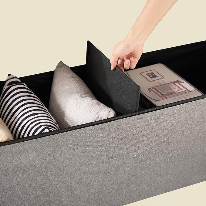 VECELO 43'' Folding Storage Ottoman Bench, Storage Chest, Linen Fabric Foot Rest Stool, 158L Storage Footstools for Bedroom and Living Room, Holds up to 660 lbs, Grey