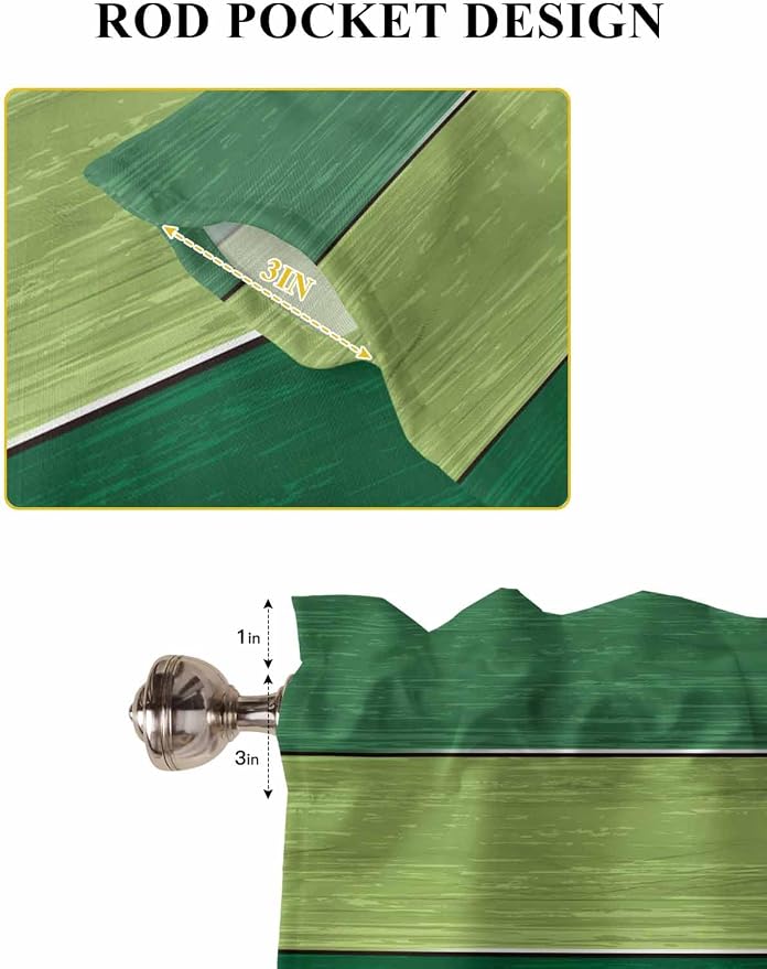 Farm Retro Green Wood Grain Window Valance Curtains, Rustic Wooden Plank